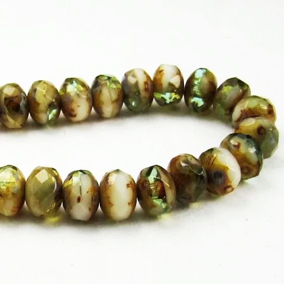Czech Glass Beads 5mm Faceted Green, White and Amber Beads, Picasso Finish Rondelle Beads 30 Pieces 1342