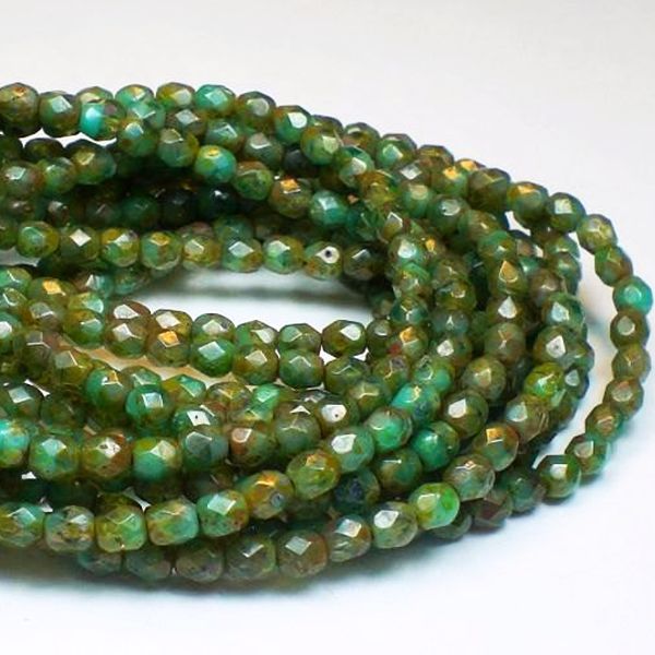 Aqua Turquoise Picasso Czech Glass Fire Polished 4mm Faceted Round Beads 50 pcs. 4mm/166