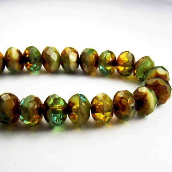 Picasso Czech Glass Beads, Woodsy Green, Amber and Ivory 8mm Faceted Rondelles 10 Pcs. 711