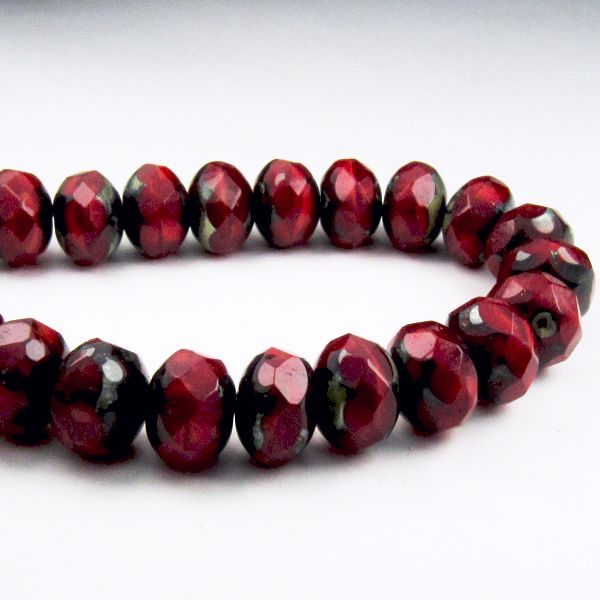 Gorgeous Ruby Red and Ladybug Picasso Czech Glass Beads, Faceted Rondelle 8mm Green and Blue Finish 10 pcs. RON8-612