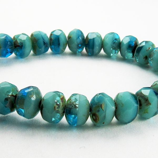 Czech Glass Beads Green & Blue with a Picasso Finish Faceted Rondelle Beads 964