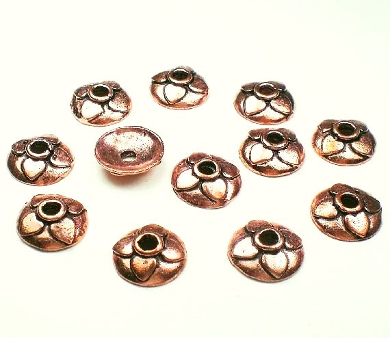 11mm Solid Copper Bead Caps 4 Petal Bead Caps Low Dome Large Hole 12 pcs. GC-332A