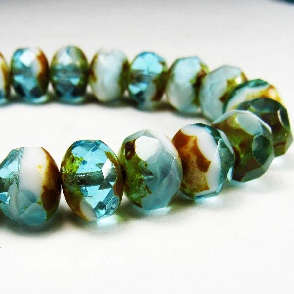Czech Glass Beads 8mm Aqua Blue, White and Light Blue with Amber Picasso Faceted Rondelles 10 Pcs. RON8-037