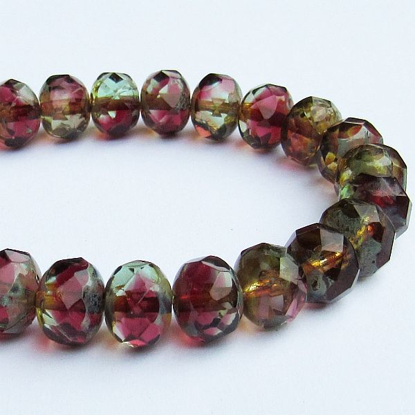 Picasso Czech Glass Beads, Fuchsia Pink, Green and Amber 8mm Faceted Rondelle Beads 10 Pcs. 1353