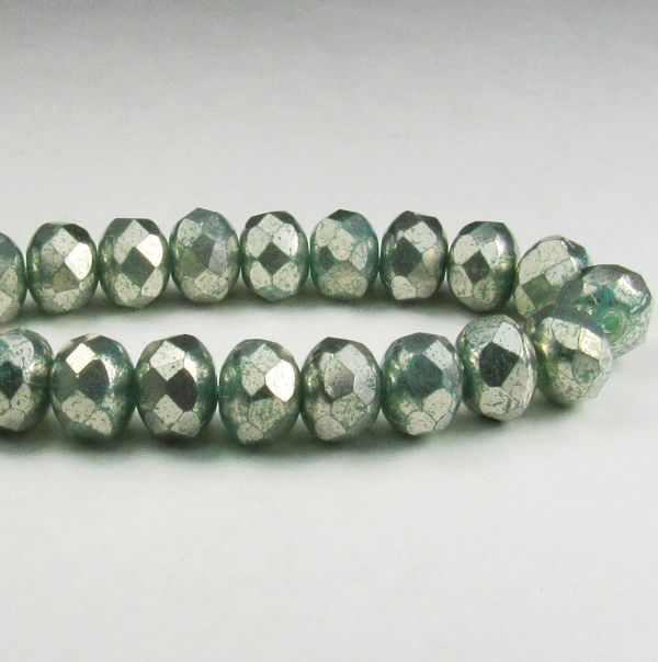 Mint Czech Glass Beads , 8mm Mint Green Blue Faceted Rondelles, Silver Faux Mercury Finish 10 Pcs. 149