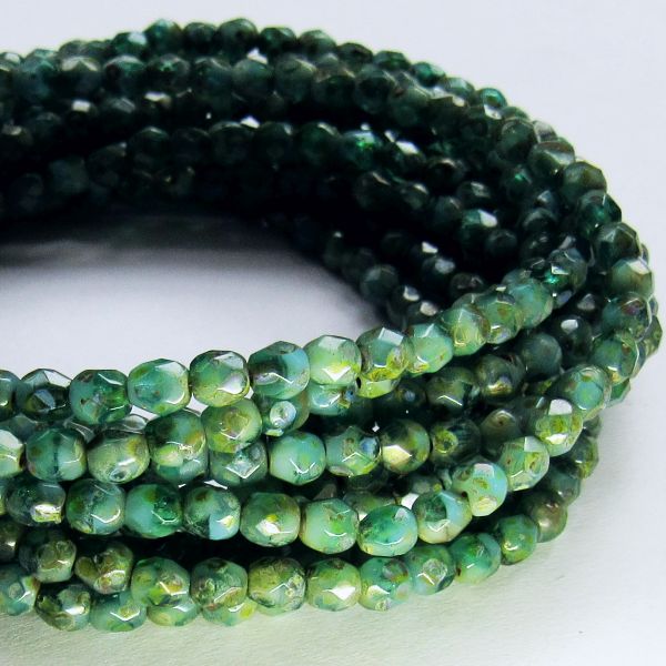 Aqua Turquoise Picasso Czech Glass Fire Polished 4mm Faceted Round Beads 50 pcs. 4mm/166-B