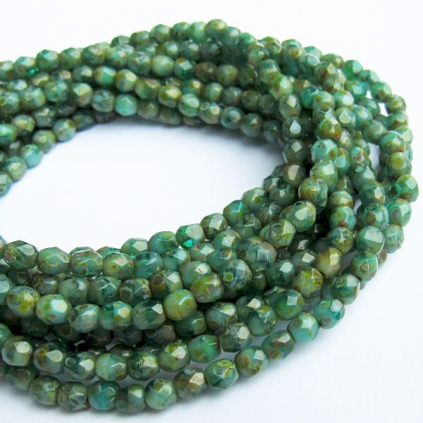 Aqua Turquoise Picasso Czech Glass Fire Polished 4mm Faceted Round Beads 50 pcs. 4mm/166-B