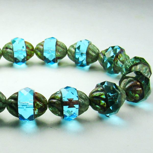 Aqua Blue Twisted Turbine Bead, Picasso Czech Glass Beads, Faceted Beads 11mm 10 pcs. T-021
