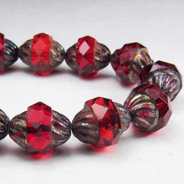 Ruby Red Twisted Turbine Bead, Faceted Picasso Czech Glass Beads 11mm 10 pcs. T-014