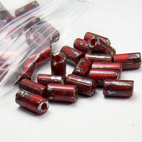 8mm Red Czech Glass Tube Beads with Silver Metallic Picasso Finish 20 Grams T-86806