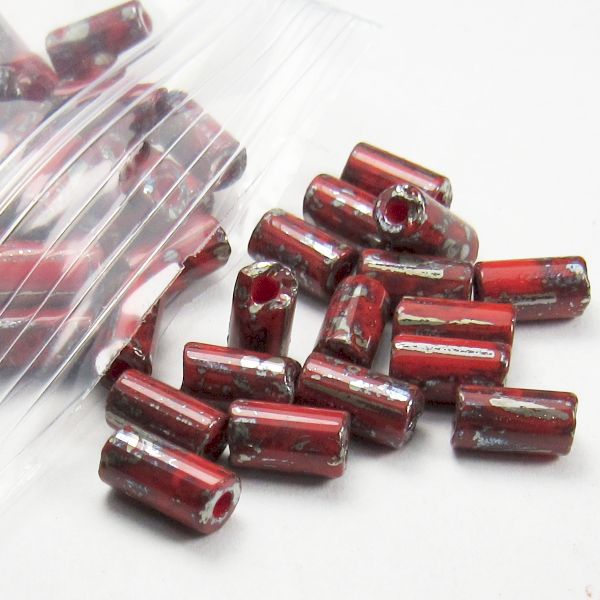 8mm Red Czech Glass Tube Beads with Silver Metallic Picasso Finish 20 Grams T-86806