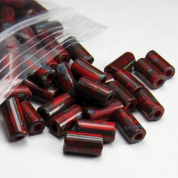 8mm Red Czech Glass Tube Beads with Blue Picasso Finish 20 Grams T-86800