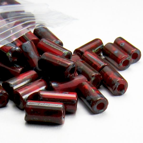 8mm Red Czech Glass Tube Beads with Blue Picasso Finish 20 Grams T-86800