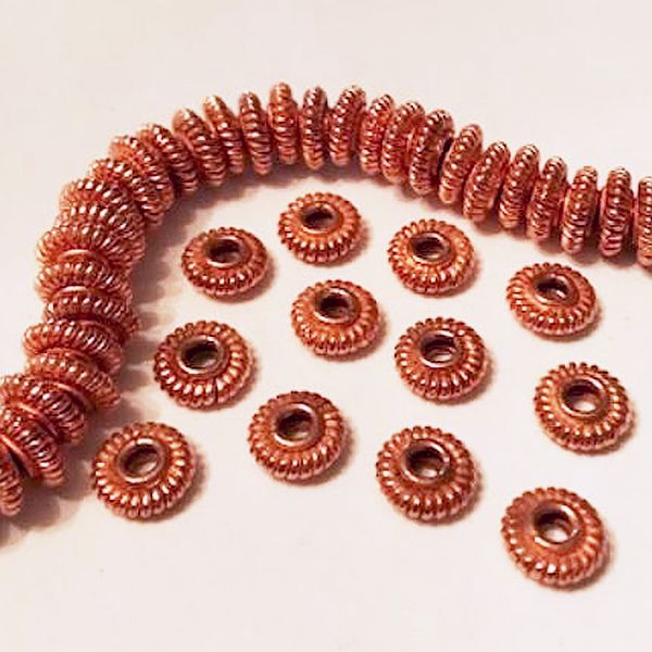 Genuine Copper Coil Beads, 10mm Bright Copper Rondelle Beads 12 pcs. GC-399