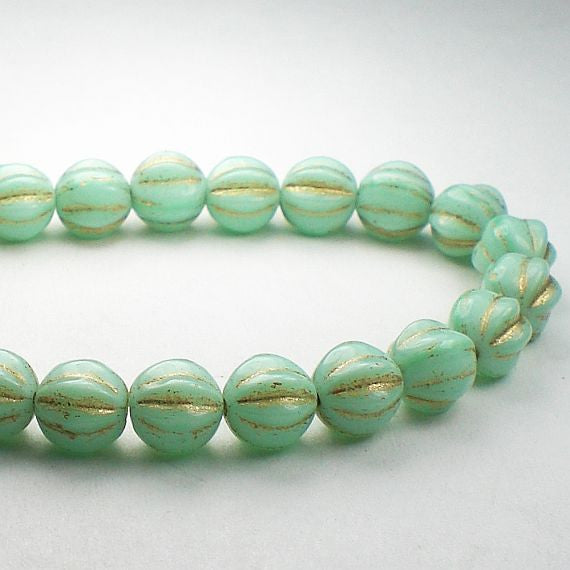 Green Mint Fluted Melon Bead Gold Picasso Czech Glass 6mm Melon Round Beads 25 pcs. M-568