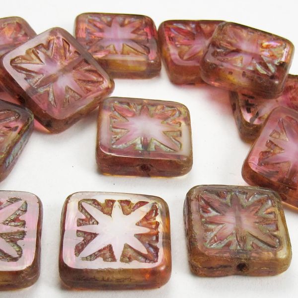 15mm Pink Carved Square Beads - Picasso Czech Glass Beads 8 Pcs. S-301