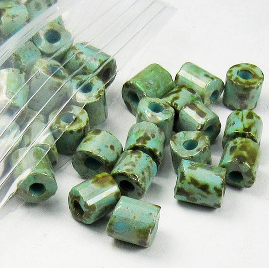 Czech Glass Tube Beads Green Turquoise with Picasso Finish 5mm x 5mm 20 grams T-86805