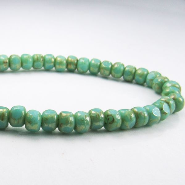 Czech Glass Trica Beads , 5mm Green Turquoise Tri-cut Beads w/Picasso 50 Pcs. TR-1177