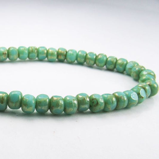 Czech Glass Trica Beads , 5mm Green Turquoise Tri-cut Beads w/Picasso 50 Pcs. TR-1177