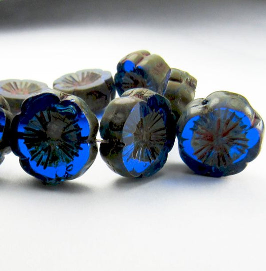 14mm Sapphire Blue Flower Bead, Picasso Czech Glass Beads 8 pcs. F-255