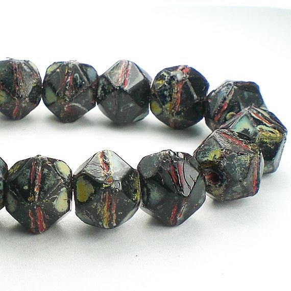 Picasso Czech Glass Beads 10mm Black Czech English Cut Beads Red, Green and Blue Picasso Bead 10 Pcs. E-161
