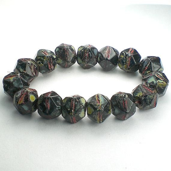Picasso Czech Glass Beads 10mm Black Czech English Cut Beads Red, Green and Blue Picasso Bead 10 Pcs. E-161