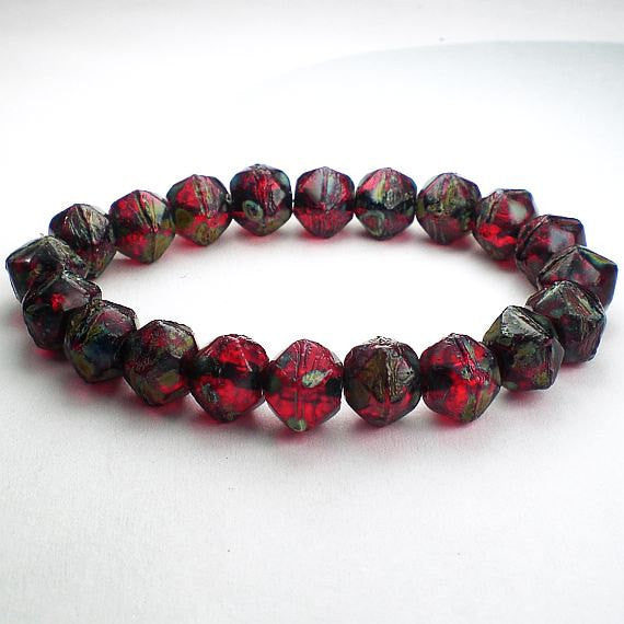 English Cut Beads Picasso Czech Glass Beads 8mm Red w/Green and Blue Picasso Czech 20 Pcs. E-545