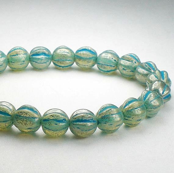 Mercury Fluted Melon Bead Aqua Picasso Czech Glass 6mm Melon Round Beads 25 pcs. M-1181