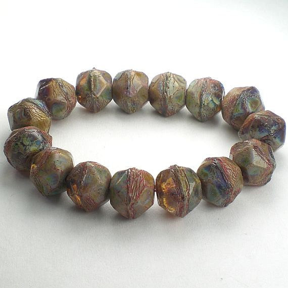 Picasso Czech Glass Beads 10mm Natural Earthy Brown, Blue, Green Czech English Cut Beads 10 Pcs. E-1157