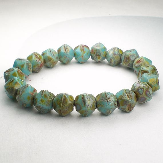 English Cut Beads Picasso Czech Glass Beads 8mm Sky Blue w/Red and Green Picasso Czech 20 Pcs. E-521