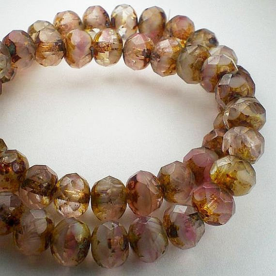 Picasso Czech Glass Beads 6 x 8mm Pink and Amber Rondelles 10 Pcs. RON8-169