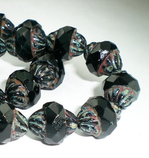 Jet Black Twisted Turbine Bead Picasso Czech Glass Beads 11x10mm Faceted 10 pcs. T-057