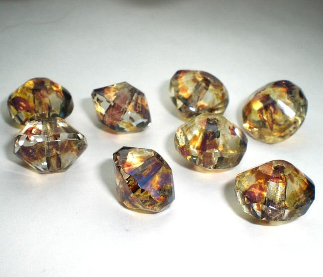 Faceted Clear Saucer Beads with Golden Amber Picasso Czech Glass Beads 13x9mm 8 pcs. S-056