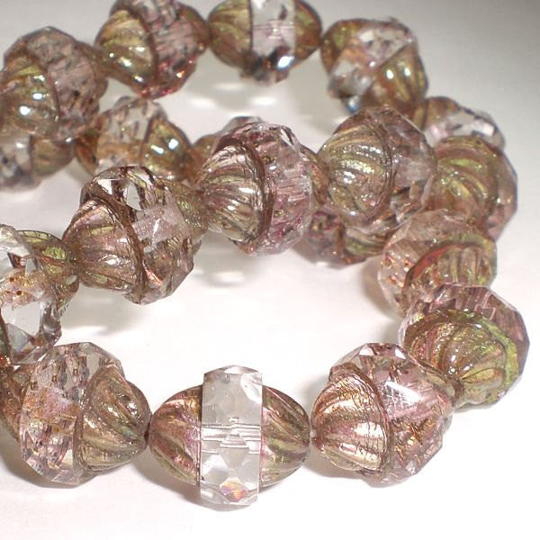 Faceted Light Rose Pink Twisted Turbine Bead Picasso Czech Glass Beads 11x10mm 10 pcs. T-008