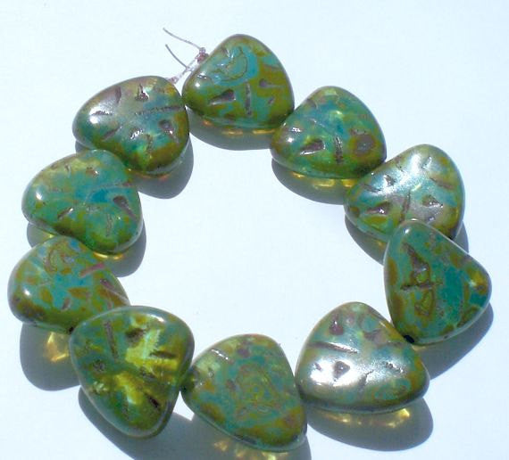 Picasso Czech Glass Beads Turquoise Carved Heart Beads 10 Pcs. H-002