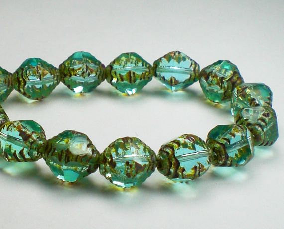 Picasso Czech Glass Beads 10mm Carved Bicone Blue Green Aqua Bead 10 Pcs. B-171