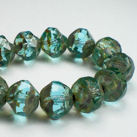 Aqua Blue Transparent Czech Glass Beads Picasso 8mm Central Cut 15 Pcs. CC-029