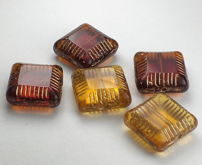 Amber Carved Square Beads Picasso Czech Glass Beads 5 Pcs. CS-028