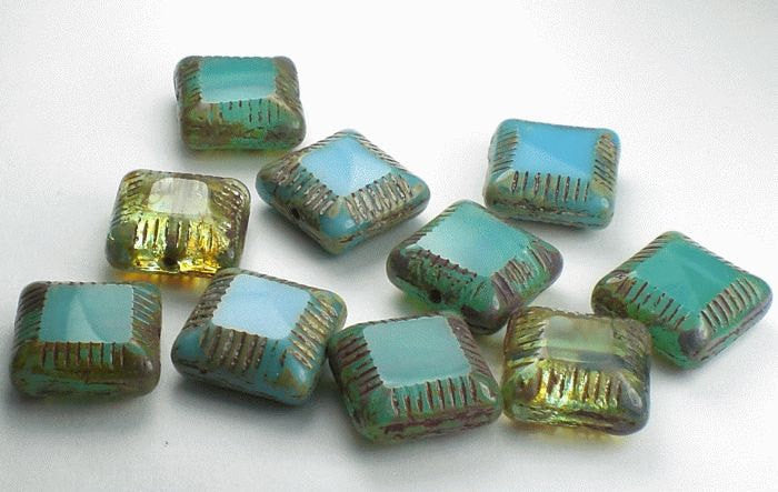 Sky Blue, Aqua and Light Blue Carved Square Beads Picasso Czech Glass Beads 10 Pcs. CS-084
