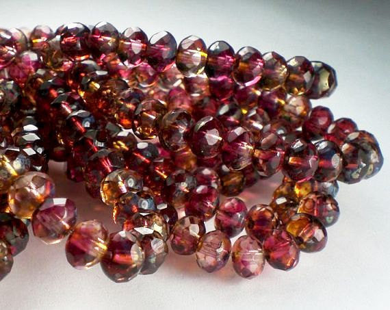Picasso Czech Glass Beads 4 x 6mm Pink, Amber and Clear Faceted Rondelles 15 pcs. 4x6 RON6-064