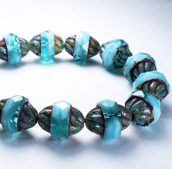 Variegated Blue Turbine Bead, Picasso Czech Glass Beads, Blue Fire Polished Faceted Beads, Bicone Beads T-1002