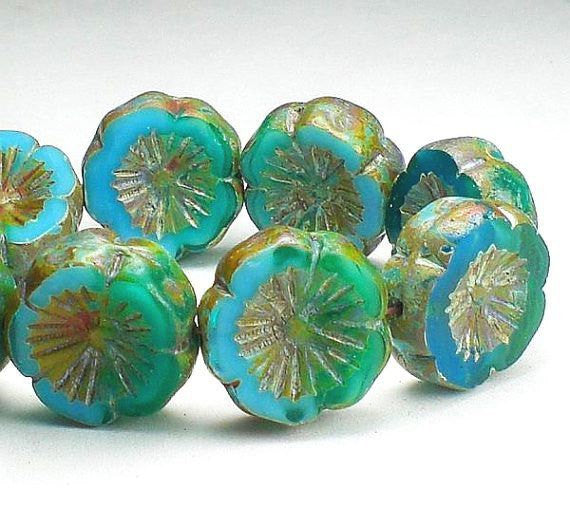 15mm Mixed Blue Carved Hawaiian Flower Picasso Czech Glass Beads Picasso Czech Glass Finish 10 pcs. - Royal Metals Jewelry Supply
