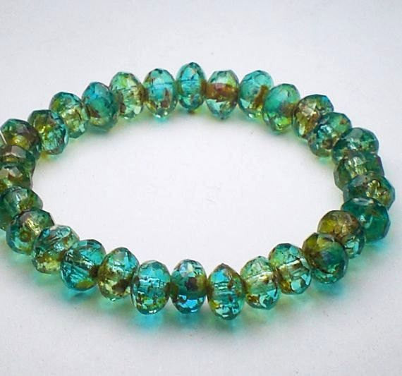 Picasso Czech Glass Beads 3 x 5mm Faceted Aqua Blue Rondelles Amber Picasso 30 Pieces RON5-517