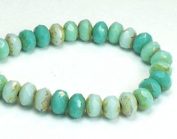 Czech Glass Beads 3 x 5mm Faceted Green and Blue Turquoise Picasso Finish Rondelles 30 Pieces RON5-010