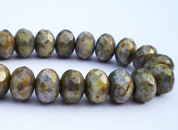 8mm Czech Glass Faceted 8mm Rondelle Beads, 8mm Grey Blue Stone Bronze Picasso 10 pcs. Ron8-318