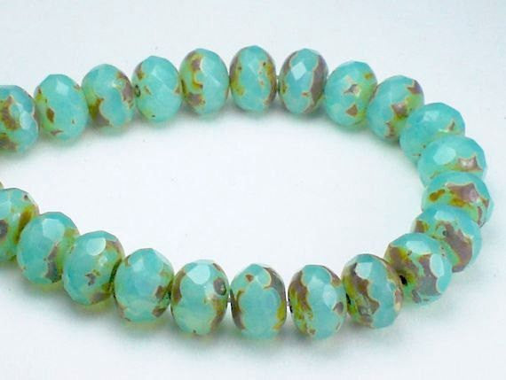 Picasso Czech Glass Beads 4 x 6mm Faceted Aqua Blue Opal Rondelles 15 pcs. RON6-728