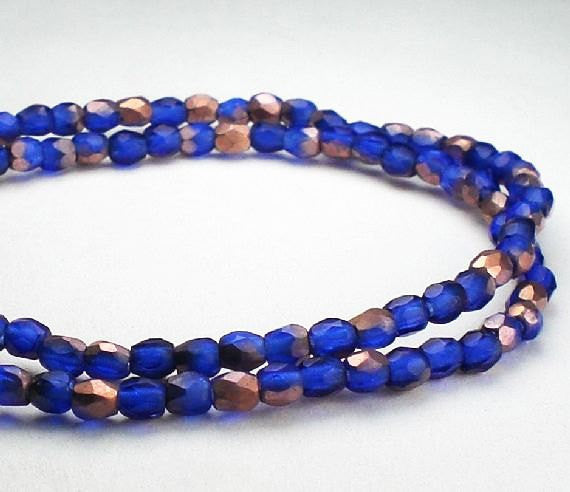 Matte Sapphire Blue Copper Picasso Czech Glass Fire Polished 3mm Faceted Round Beads 100 pcs. 3mm/074