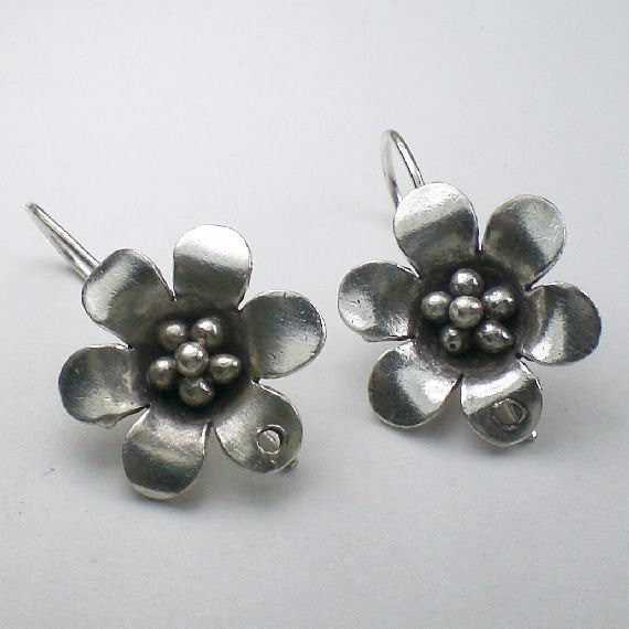 Fine Silver Ear Wires 18mm Flower w/Hole French Hook 20.5 Ga. Thai Silver 1 Pair E-111