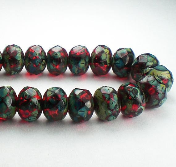 Ruby Red Picasso Czech Glass Beads Faceted Rondelle 6mm x 8mm Green and Blue Finish 10 Pcs. RON8-681-B