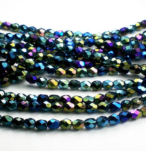 Black Iris Blue Green Czech Glass Fire Polished 4mm Faceted Round Beads 100 pcs. 4mm/127